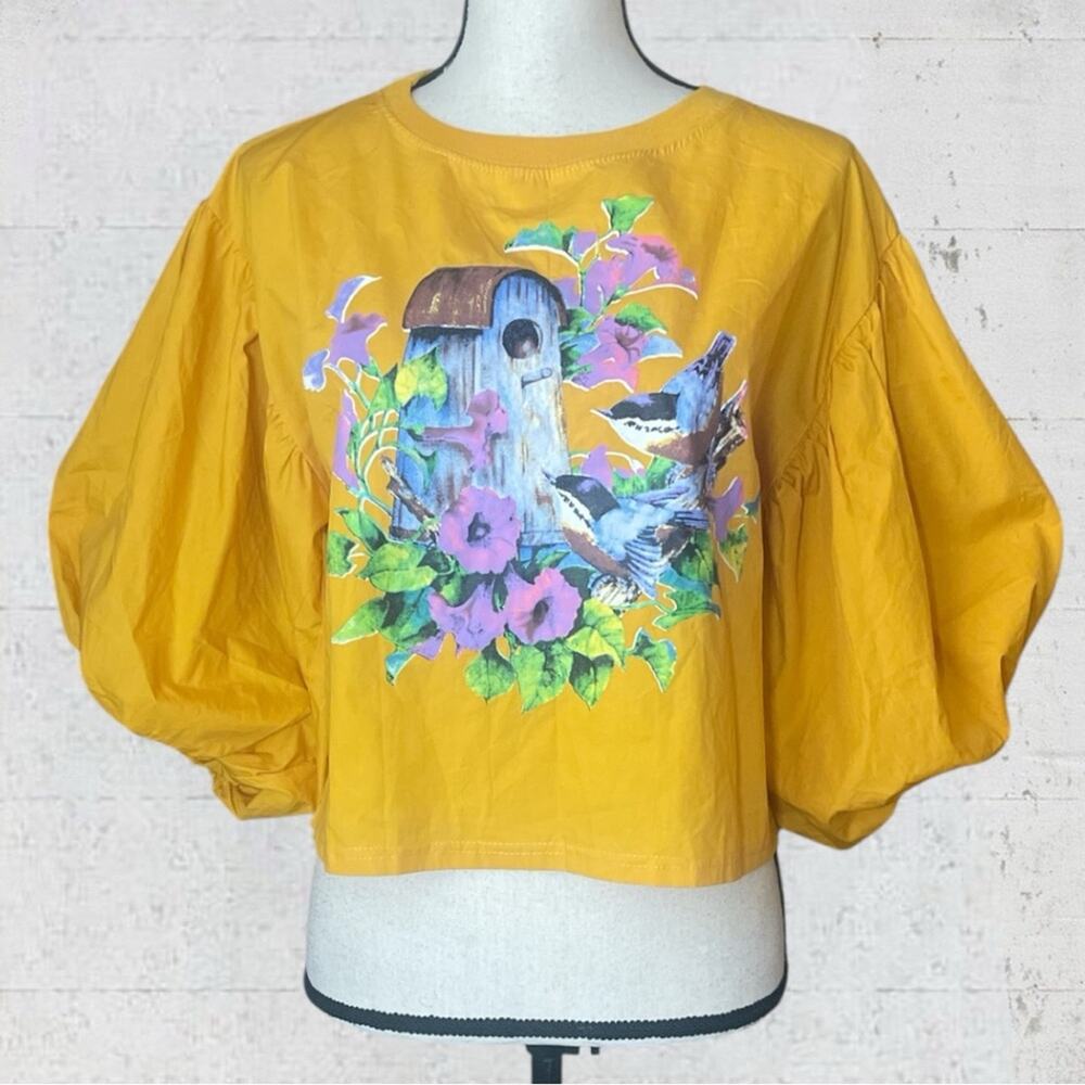 Momo New York Puff Sleeve Brid House Art To Wear Boho Crop Yellow Top Size M